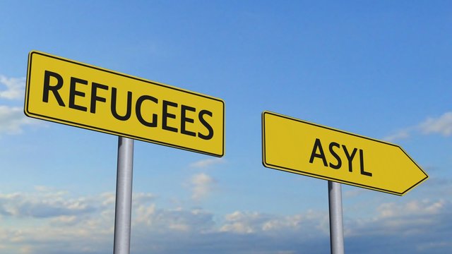 Refugees / Âsylum Signpost on  sky background