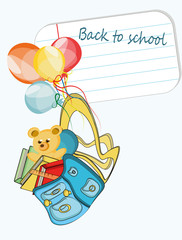 White paper banner, text back to school, schoolbag, teddy bär,