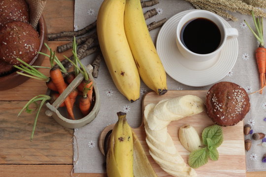 Banana Cake Of Delicious And Banana Ripe With Coffee.