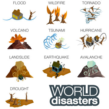 Icon symbol set of world disasters. Flood, wildfire, tornado, hurricane, volcano, tsunami, landslide, earthquake, avalanche and drought icons.