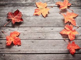 Naklejka na ściany i meble Autumn Leaves over wooden background