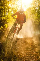 Crédence de cuisine en verre imprimé Vélo Downhill mountain biker at sunset