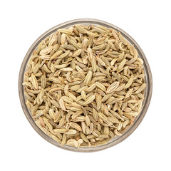 Top view of Organic Fennel seed (Foeniculum Vulgare) in glass bowl isolated on white background.