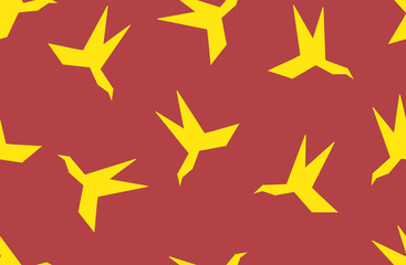 Seamless pattern silhouette of paper origami bird. Yellow hummingbird on red background.