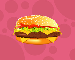 Tasty sandwich or burger vector illustration. Hamburger on pink background