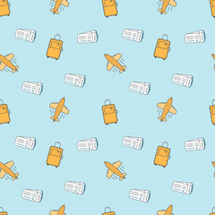 Flat line style seamless pattern. Tourist luggage, suit case, airplane, tickets. Cartoon style