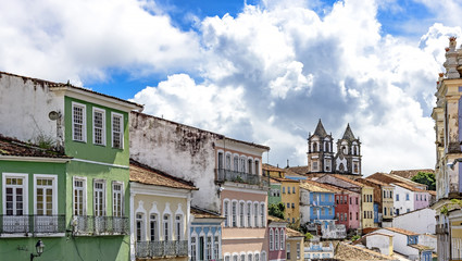 Facades of the old houses and towers of historic churches in Pelourinho district on Salvador city, Bahia