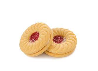 Sandwich biscuits with strawberry on white background