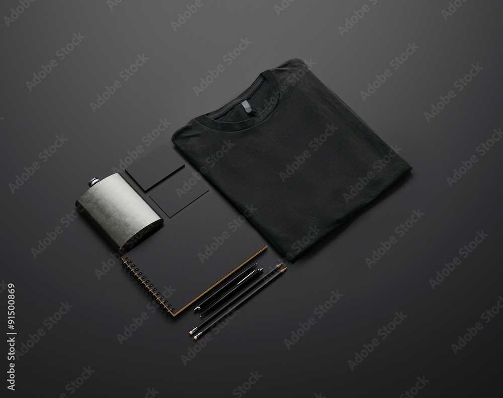 Poster set of blank branding elements on black paper. 3d render