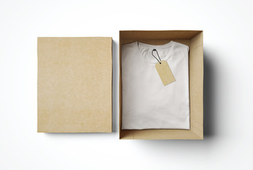 Empty isolated box and white tshirt with label