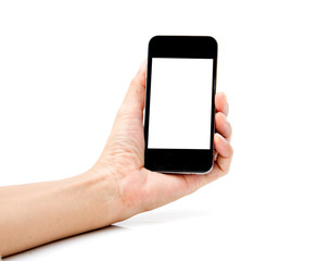 Hand holding Smartphone on white background