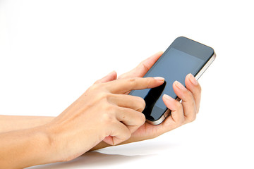hand holding smartphone with pencil in the other hand isolated 