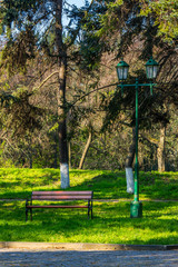 old city park with bench and lantern