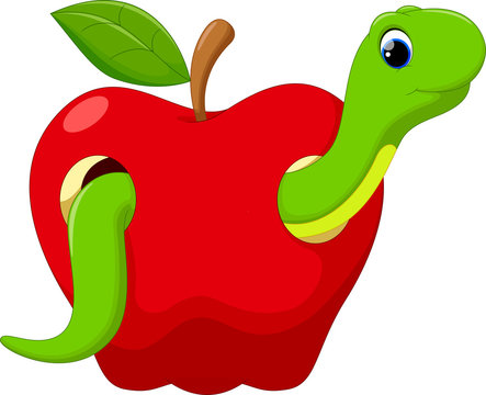 Cute cartoon worm in the apple