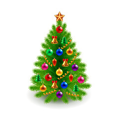 Green decorated Christmas tree isolated on white