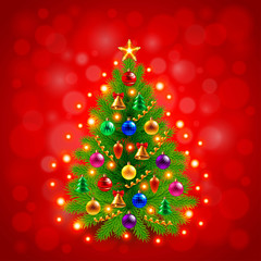 Green decorated Christmas tree on red background
