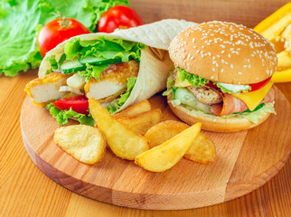 Fast food, burger and fries