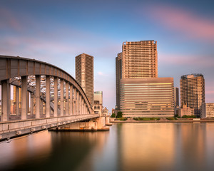 Kachidoki Bridge and Sumida River at Sunset, Tokyo, Japan