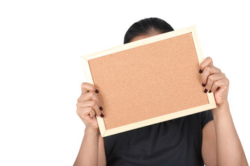 Asia girl holding empty cork board, isolated on white background