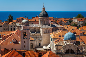 Aerial View of Luza Square, Saint Blaise Church and Assumption Cathedral from the City Walls, Dubrovnik, Croatia - obrazy, fototapety, plakaty