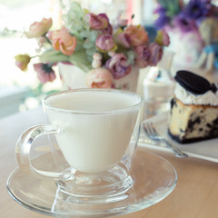 hot drink milk with cake in the morning