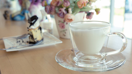 hot drink milk with cake in the morning