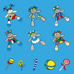 Set vector icons baby dolls in different dresses