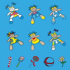 Set vector icons baby dolls in different dresses
