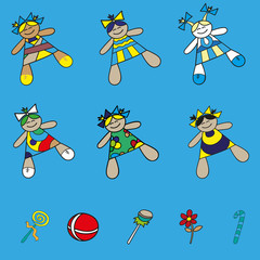 Set vector icons baby dolls in different dresses