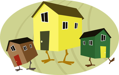 Three cartoon houses with chicken legs on an egg shaped background, symbolizing a nest egg, vector illustration, no transparencies