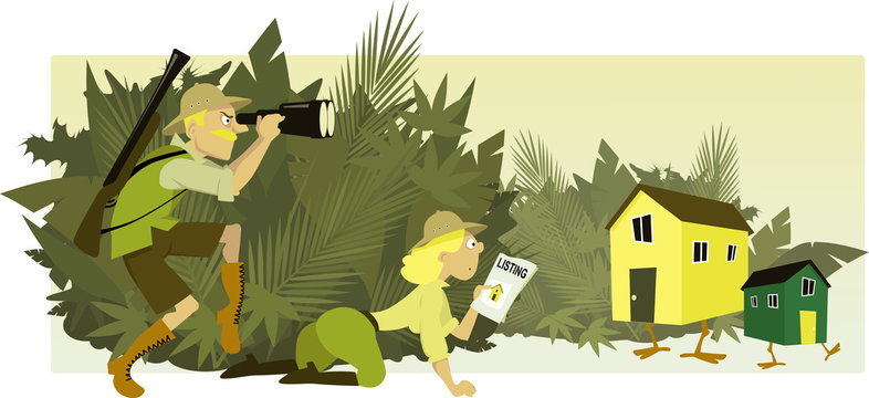 Couple dressed in safari style clothes staking out houses with legs hiding in the bushes, EPS 8 vector illustration, no transparencies 