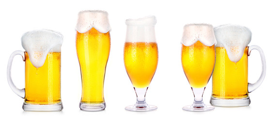 Frosty glasses of light beer isolated 