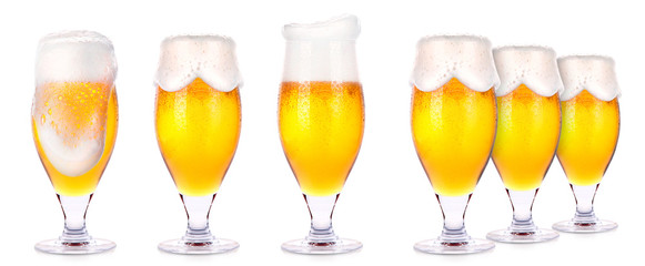 Frosty glasses of light beer isolated 