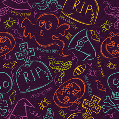 Seamless Pattern with color Halloween ghost, skull and  pumpkin