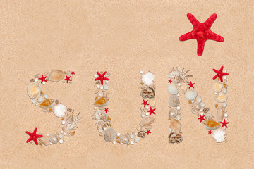 sun - letters arranged from sea shells and starfishes