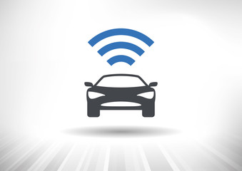 The Connected Car. Smart car icon with wireless connectivity symbol. Front view. 