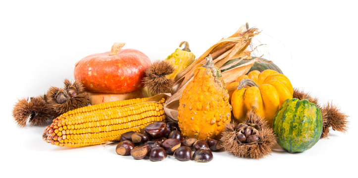 Autumn harvest - fresh autumn fruits and vegetables on wicker basket