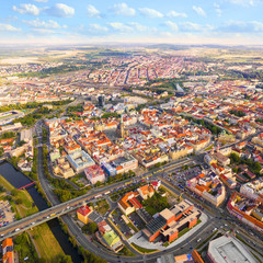 Fototapeta na wymiar Aerial view to Pilsen in Czech Republic, Central Europe. The city was founded in 1295. Nowadays, the Pilsen metropolitan area covers 125 square kilometres. Its population is 165, 000 inhabitants.
