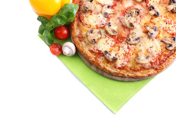 Tasty pizza with vegetables and napkin isolated on white