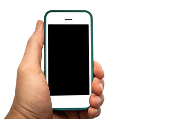 Hand holding smart phone with blank black screen isolated on white background