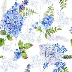 Seamless pattern. Watercolor blue hydrangea, lavender, currant. Illustration of flowers. Vintage. Can be used for gift wrapping paper, birthday, mother's day. Gentle, cute background.