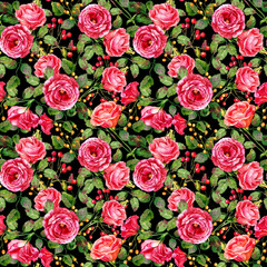 Seamless pattern of watercolor red roses on black background. Illustration of flowers. Vintage. 