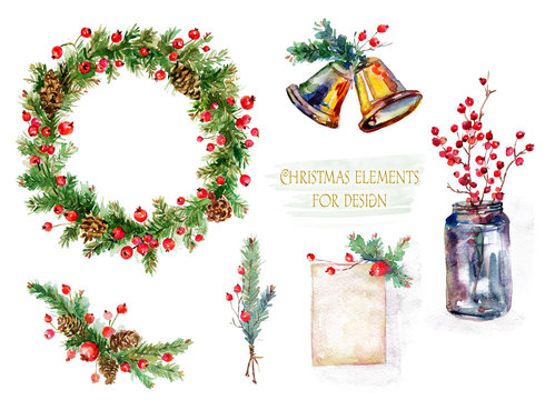 Set of Christmas decorations. Watercolor illustration. Christmas wreath from the needles I red berries. Background, banner for text.