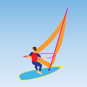 Windsurfer on a board for windsurfing.