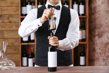 Bartender working at counter on bar background