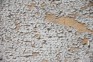 White peeling wall paint background texture that is weathered and peeling
