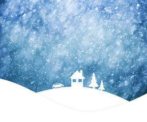 Misty blue colored sky with realistic heavy snowfall, Christmas and New Years Holiday winter landscape scene with house, car and trees. Illustration family greeting card with copy space background.