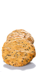 Japanese rice crackers, locally known as senbei over white background