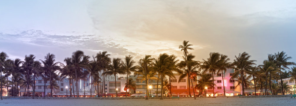 Miami Beach Florida, hotels and restaurants on Ocean Drive, world famous travel destination. Desaturated instagram filter processing for vintage looks