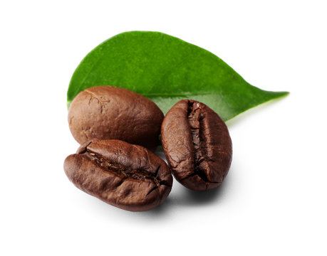 Coffee beans with leaf isolated on white